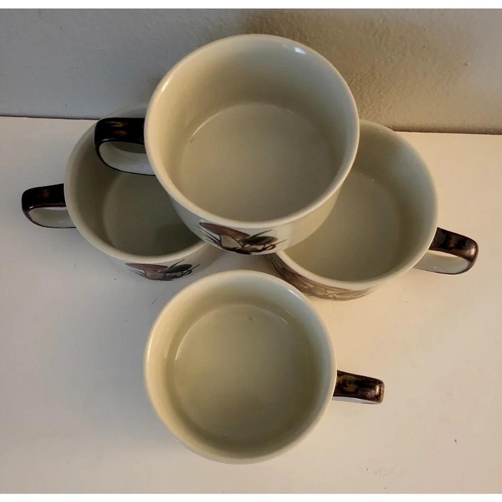 Set of 4 Otagiri Vintage 70s Mushroom Soup Cereal Bowl Handle White Brown Boho